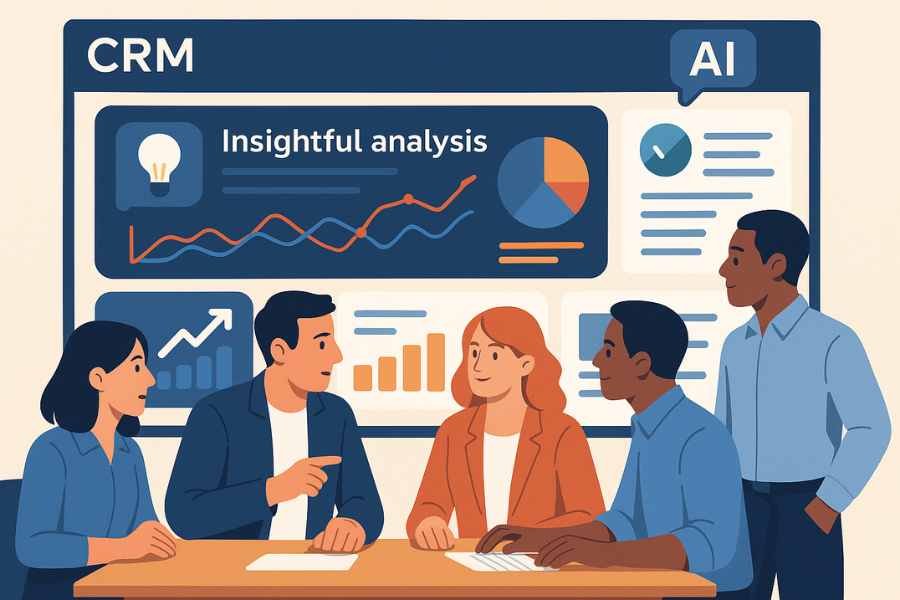 Representación de un sistema CRM con IA analizando datos de clientes.