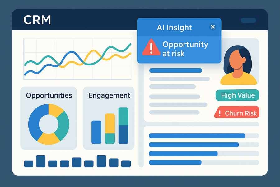 Profesionales de ventas y marketing usando un CRM inteligente colaborativamente.