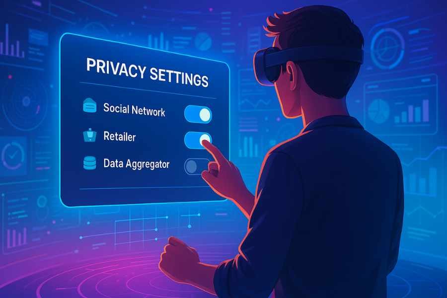 Usuario controlando su identidad digital mediante una interfaz segura en el metaverso.