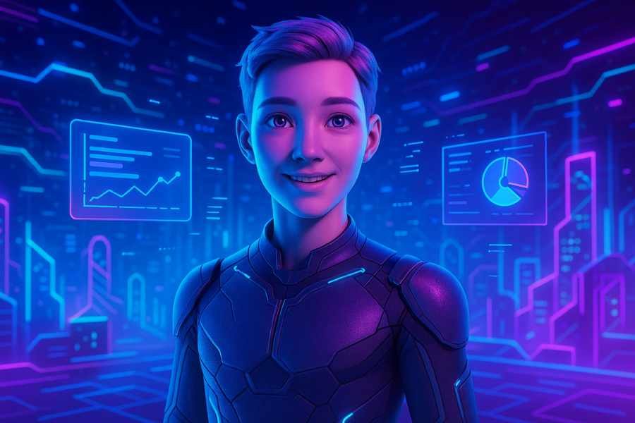 Representación digital de un avatar interactuando con un entorno virtual impulsado por IA.