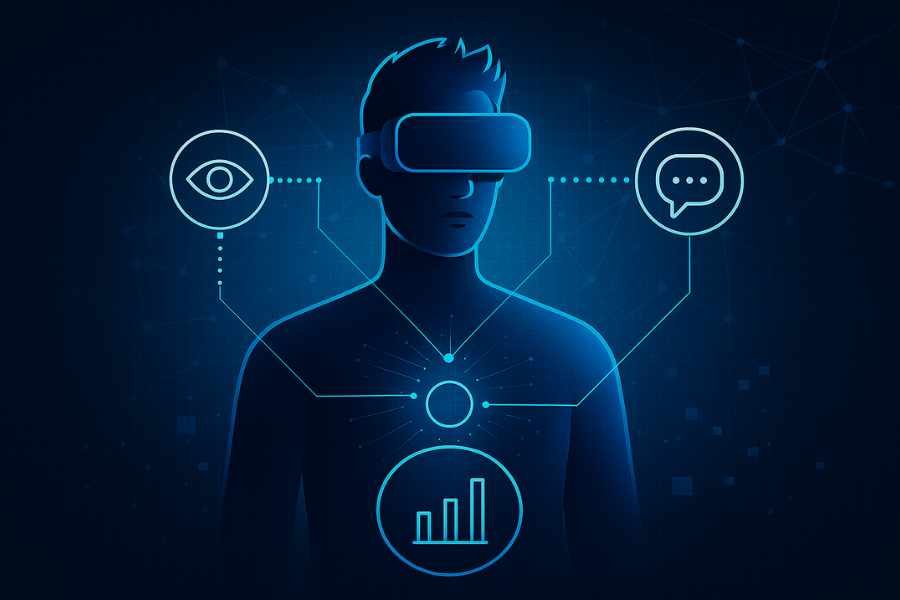 Visualización conceptual de datos biométricos recolectados por IA en un entorno virtual.
