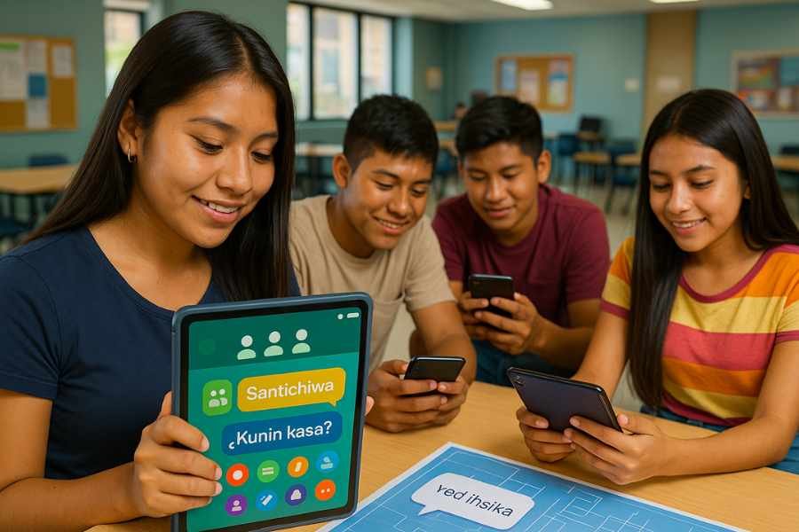 Jóvenes indígenas usando una aplicación móvil educativa en su lengua nativa, con IA interactiva.