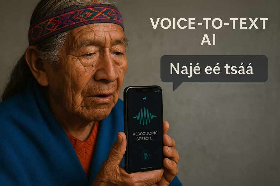 Grabación de voz de una persona indígena mientras una inteligencia artificial transcribe el idioma hablado.