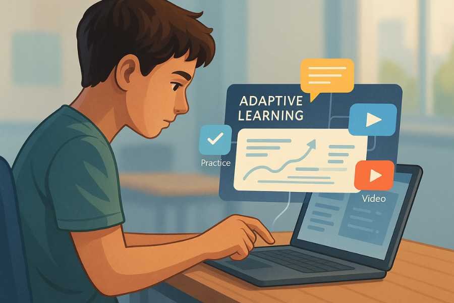 Estudiante interactuando con una plataforma educativa basada en IA desde una tablet o laptop.