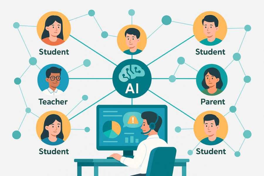 Representación de un ecosistema escolar inteligente conectado por IA entre docentes, alumnos y familias.