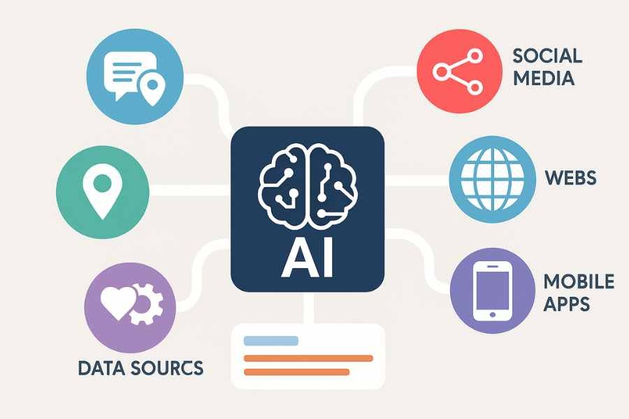Sistema de inteligencia artificial analizando datos para distribuir publicidad nativa relevante por canal.