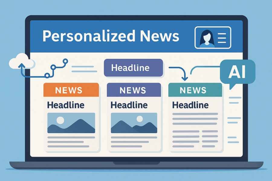 Periodista y analista de datos revisando dashboards de un sistema de recomendación con IA en una redacción moderna.