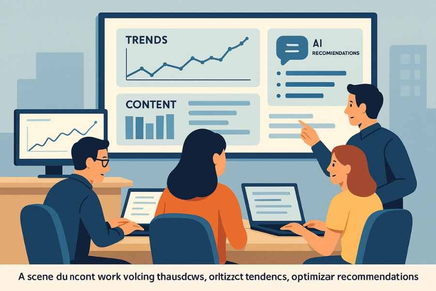 Sistema de IA mostrando sugerencias de noticias personalizadas para diferentes usuarios en una interfaz digital.
