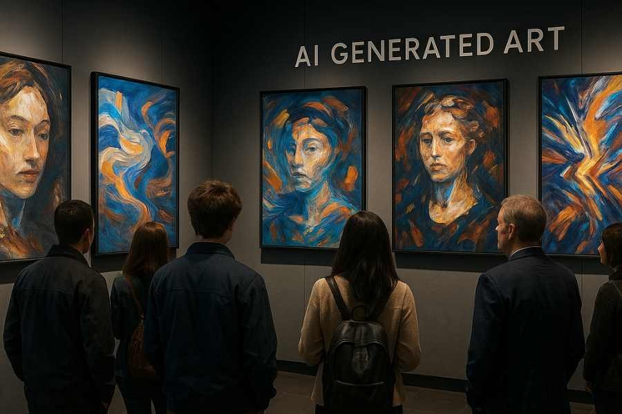 Galería de arte contemporáneo exhibiendo obras generadas por inteligencia artificial.