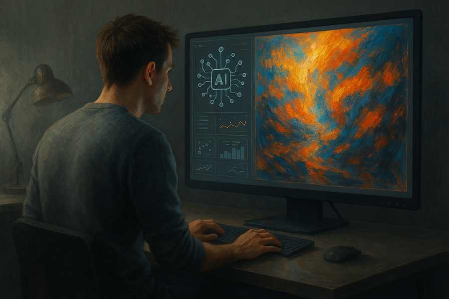 Artista humano colaborando con un sistema de inteligencia artificial para crear una obra visual.