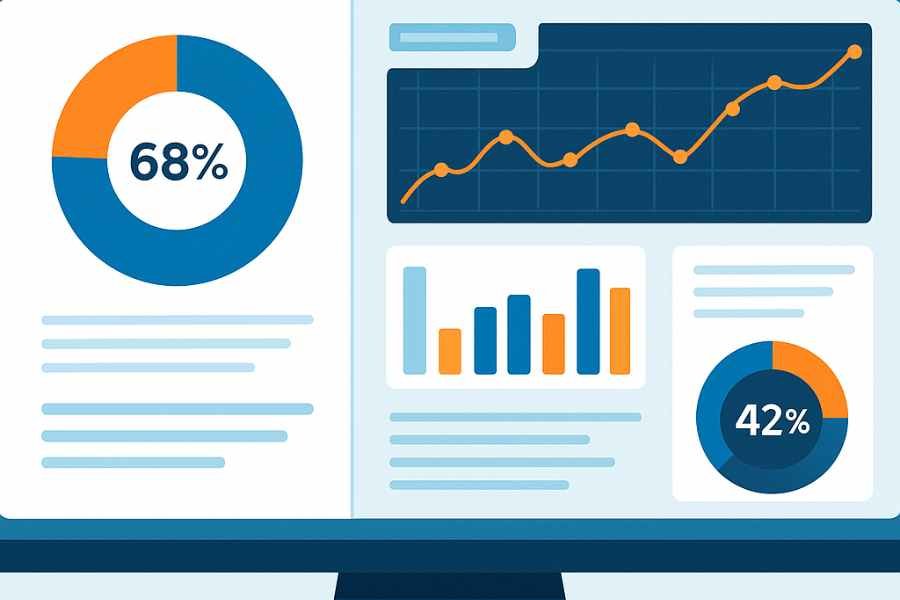 Dashboard de analítica mostrando métricas de rendimiento de un asistente virtual en retail.