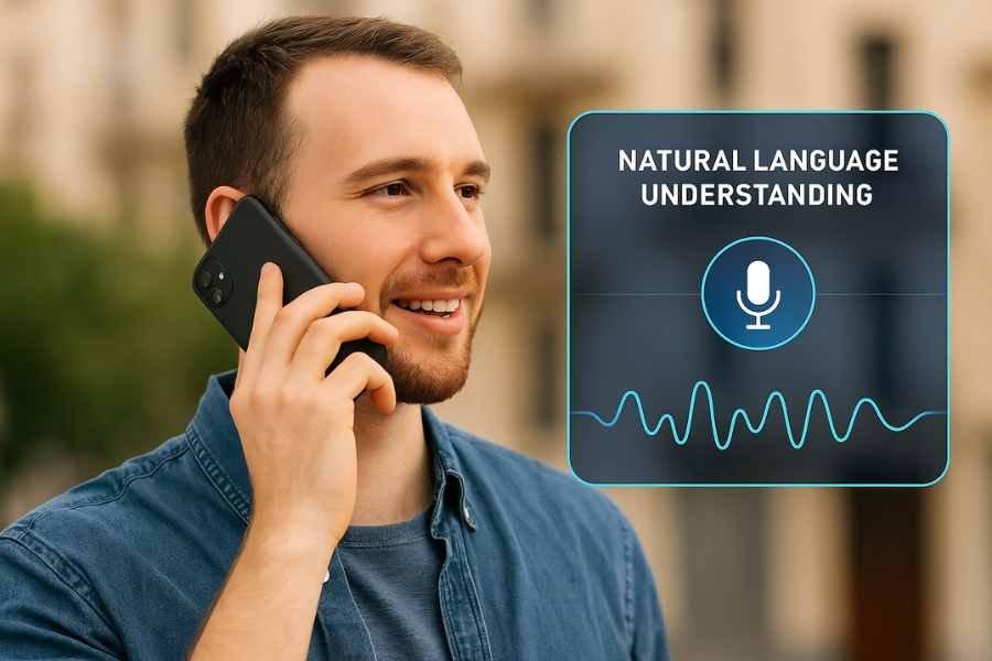 Usuario interactuando con un sistema IVR por voz desde su teléfono móvil, con una interfaz virtual visible.