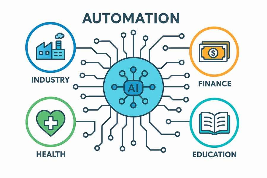 Flujo de trabajo automatizado representado por íconos digitales conectados en red.