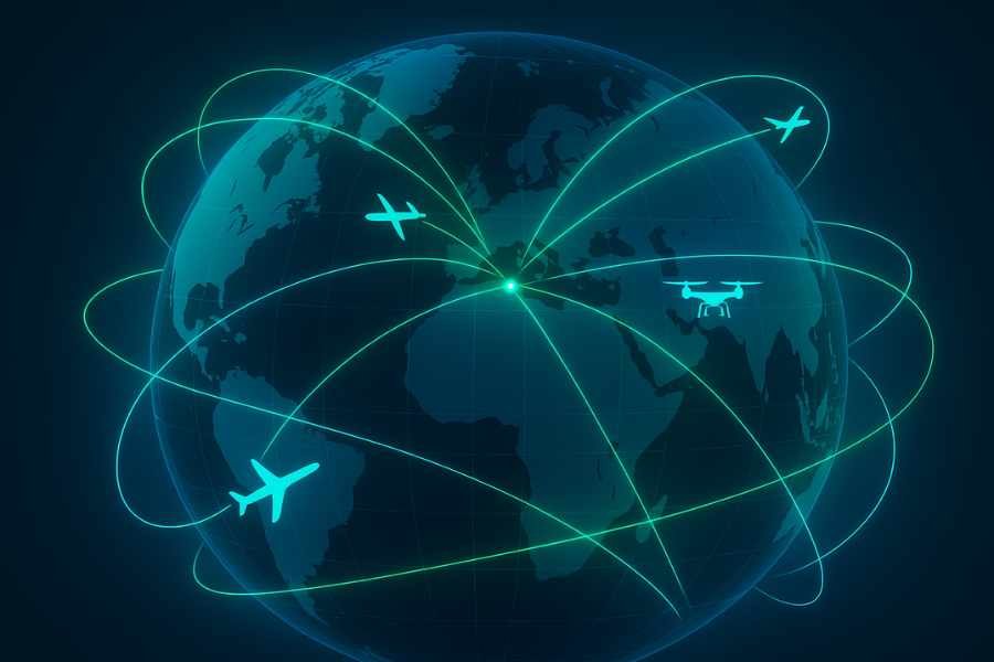 Visualización de trayectorias aéreas automatizadas sobre un mapa 3D del espacio aéreo.