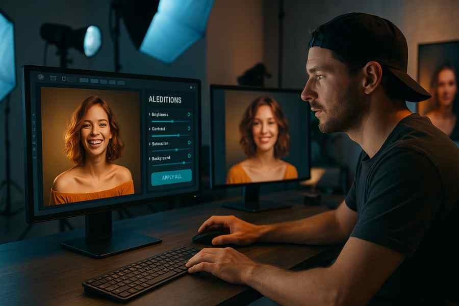 Un fotógrafo profesional utilizando herramientas de IA para postproducción de una sesión en estudio.