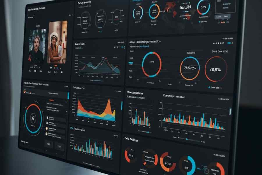 Dashboard con métricas de IA: tasa de conversión, abandono de carrito, engagement de app retail.
