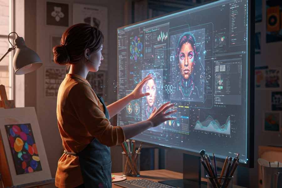 Representación de un artista digital trabajando con herramientas de inteligencia artificial.