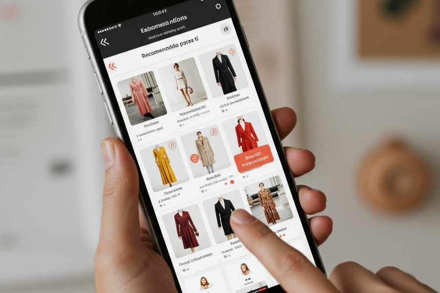 Cliente interactuando con una app de moda que usa IA para recomendar prendas
