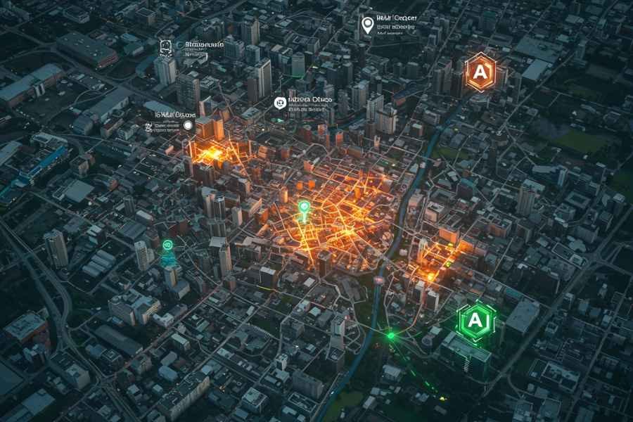 Mapa urbano con análisis de datos por IA en zonas emergentes