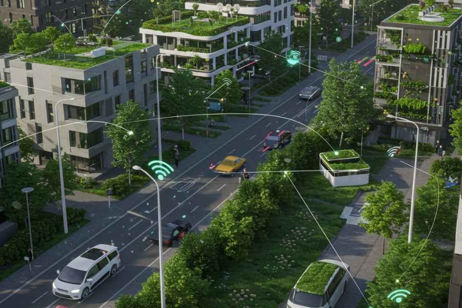 Representación futurista de un barrio emergente digitalmente planificado