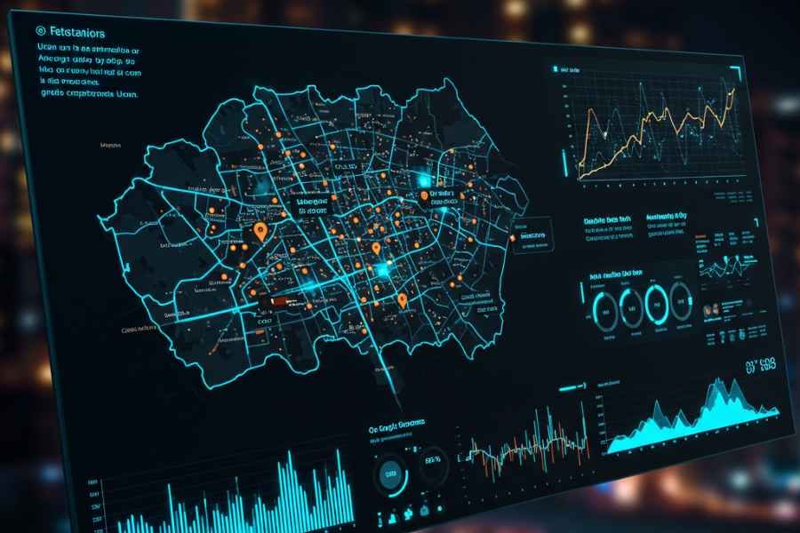 Interfaz de software predictivo mostrando evolución inmobiliaria por barrio