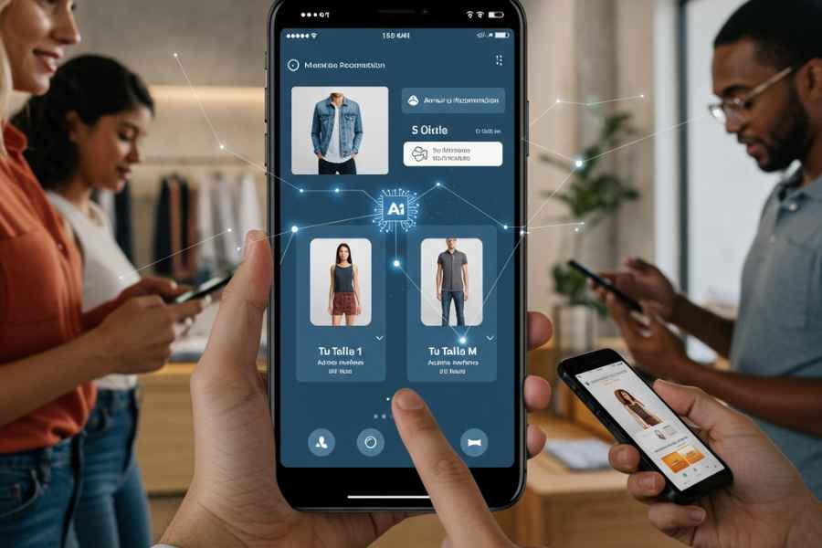 Clientes interactuando con una plataforma de alquiler de ropa circular impulsada por IA