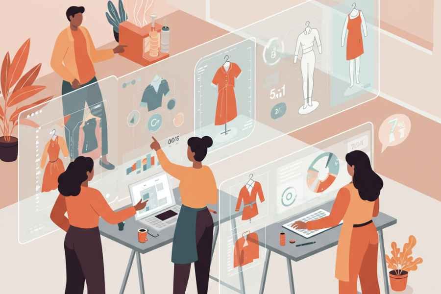 Diseñadores utilizando software de IA para crear prendas sostenibles