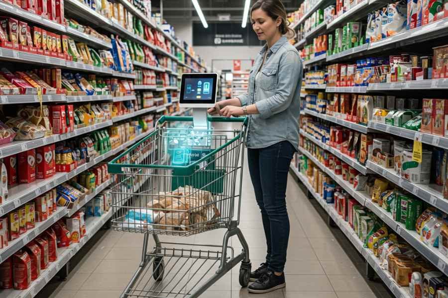 Cliente comprando con carrito inteligente que escanea productos automáticamente