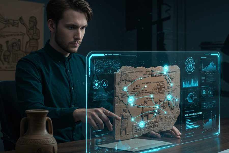 Científico digital analizando un modelo 3D de un mercado antiguo