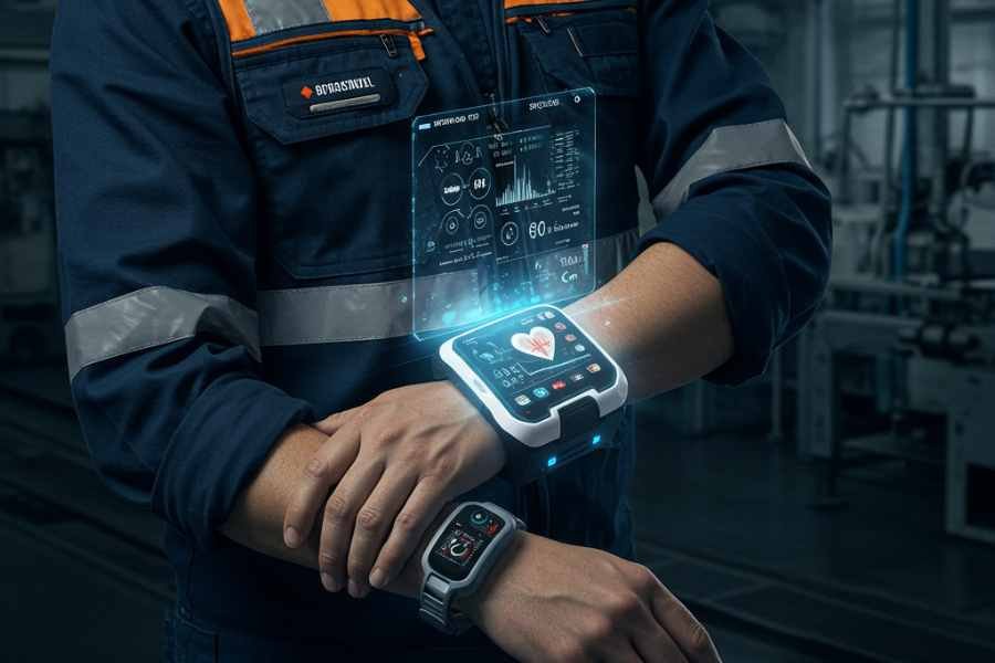 Trabajador en fábrica usando un wearable inteligente para monitoreo de salud laboral con IA