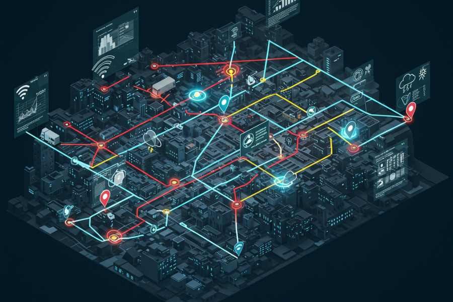 Algoritmo de inteligencia artificial optimizando rutas logísticas en un mapa digital