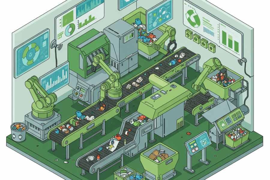 Planta de reciclaje inteligente con robots y sensores basados en IA