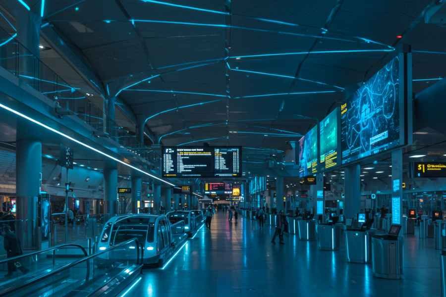 vista aérea de un aeropuerto inteligente con tecnología de IA integrada