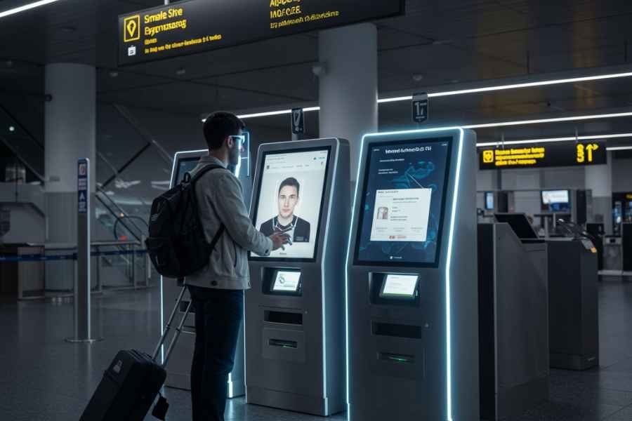 pasajero usando reconocimiento facial en el check-in de un aeropuerto moderno