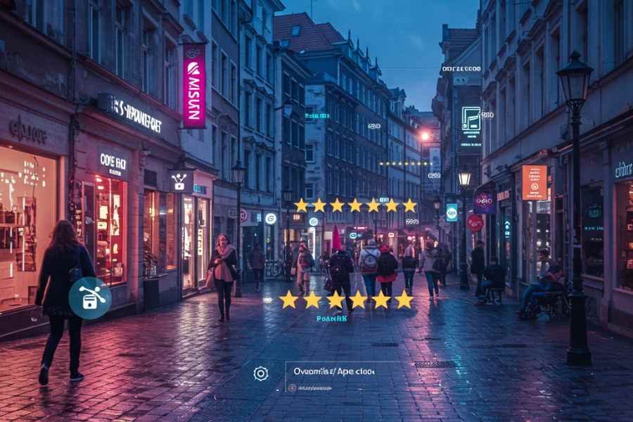 vista con realidad aumentada mostrando menús y puntuaciones al enfocar restaurantes en la calle
