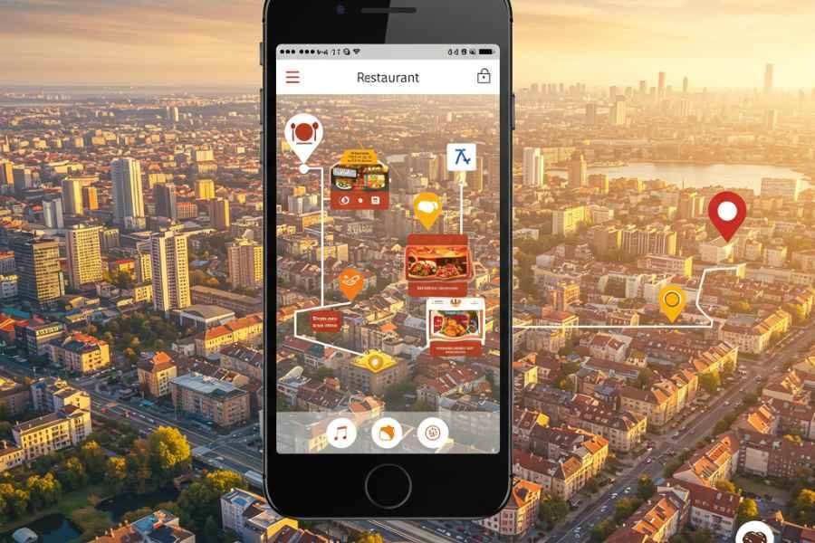turista usando un chatbot con IA para encontrar restaurantes mientras camina por la ciudad
