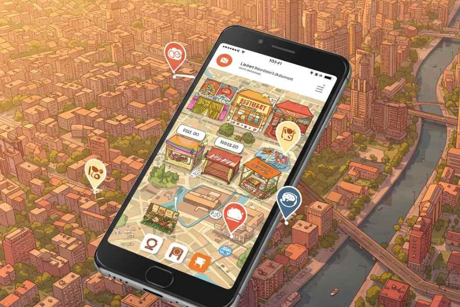 algoritmo de recomendación mostrando restaurantes en un mapa con iconos de estrellas y reseñas