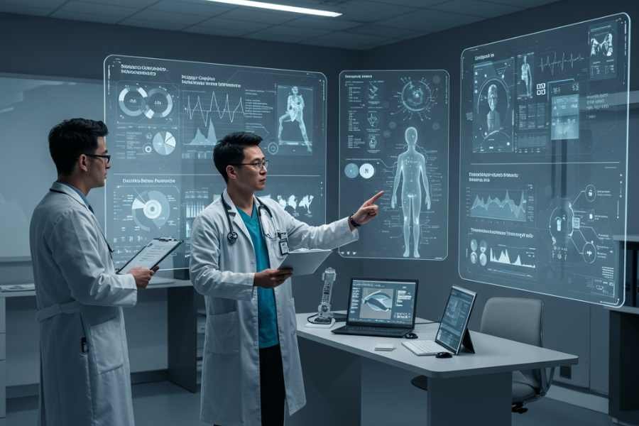 Equipo médico multidisciplinar revisando alertas y gráficas generadas por IA en telemedicina