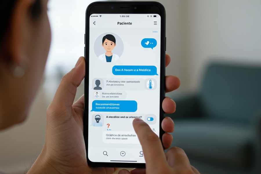 Chatbot médico asistido por IA interactuando con un paciente a través de una app de telemedicina