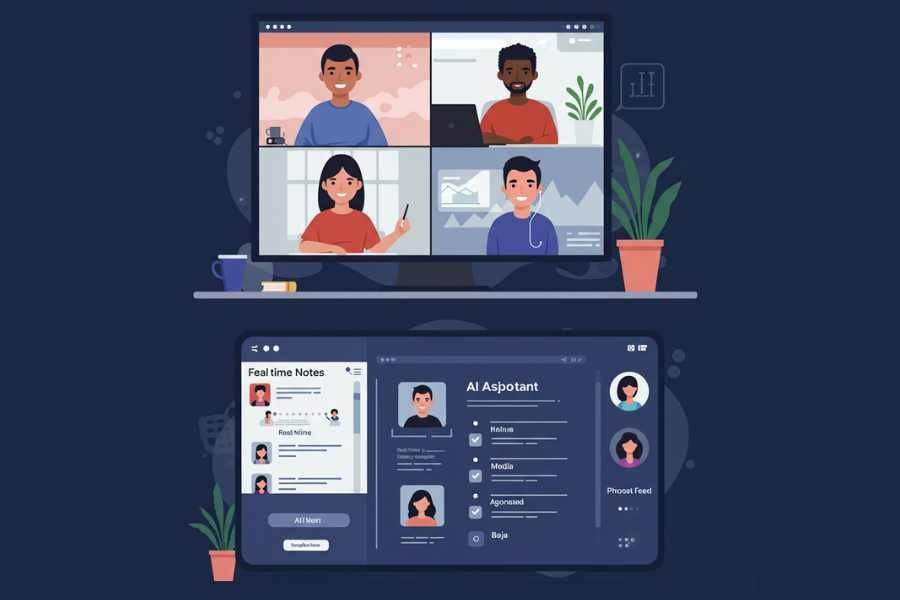 Asistente de IA generando actas y tareas tras una videollamada de equipo