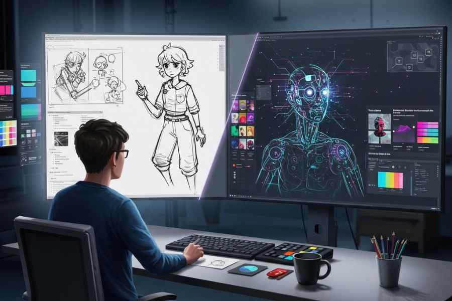 Artista digital trabajando con una interfaz de IA generativa en una pantalla dividida entre humano y algoritmo