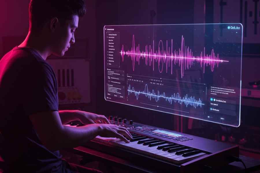 Compositor creando una pieza musical con asistencia de una herramienta de IA que sugiere acordes y melodías