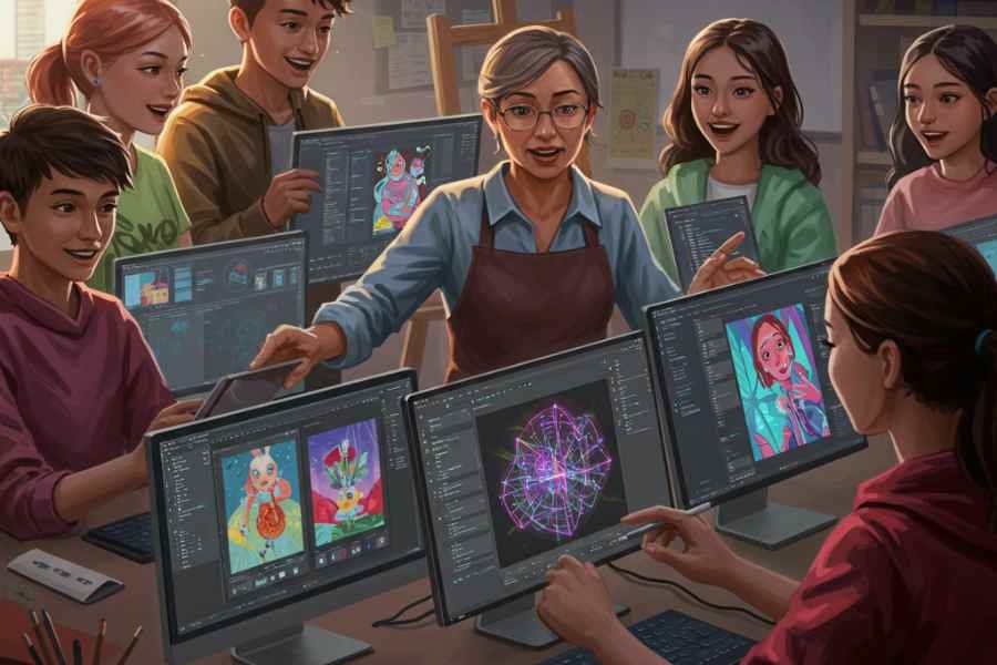 Educadora enseñando arte digital con IA a un grupo de estudiantes jóvenes frente a pantallas interactivas