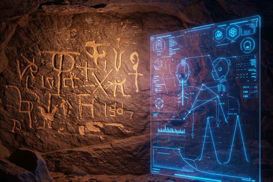 Algoritmos de IA reconstruyendo pictogramas deteriorados en una superficie rocosa