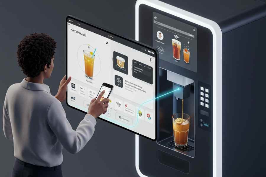 Consumidor recibiendo una bebida personalizada con ayuda de una app inteligente