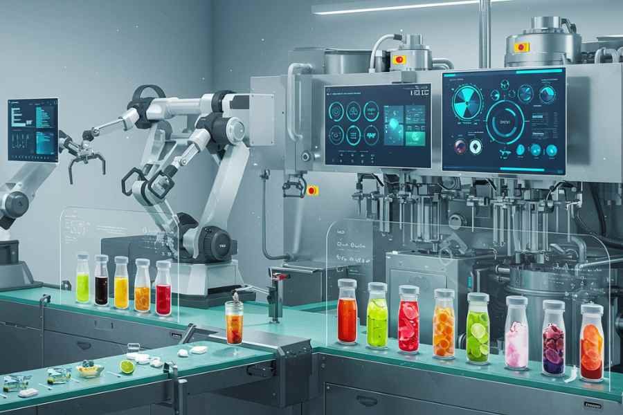 Fábrica automatizada que produce bebidas personalizadas mediante sistemas inteligentes