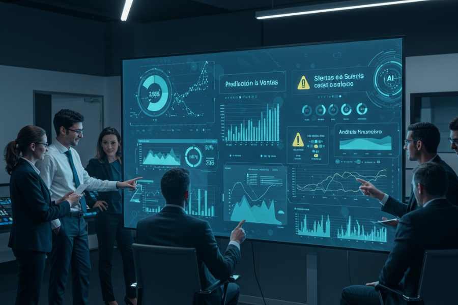 Colaboradores empresariales analizando decisiones tomadas por IA en tiempo real
