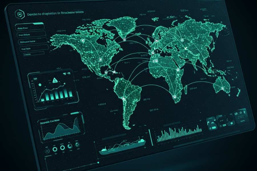 Simulación de proyecto de construcción visualizada en una pantalla con múltiples variables controladas por inteligencia artificial