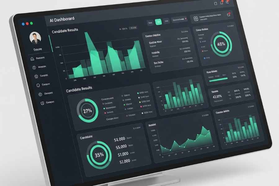 "Visualización de un dashboard de IA ayudando en la selección de candidatos basados en datos objetivos."