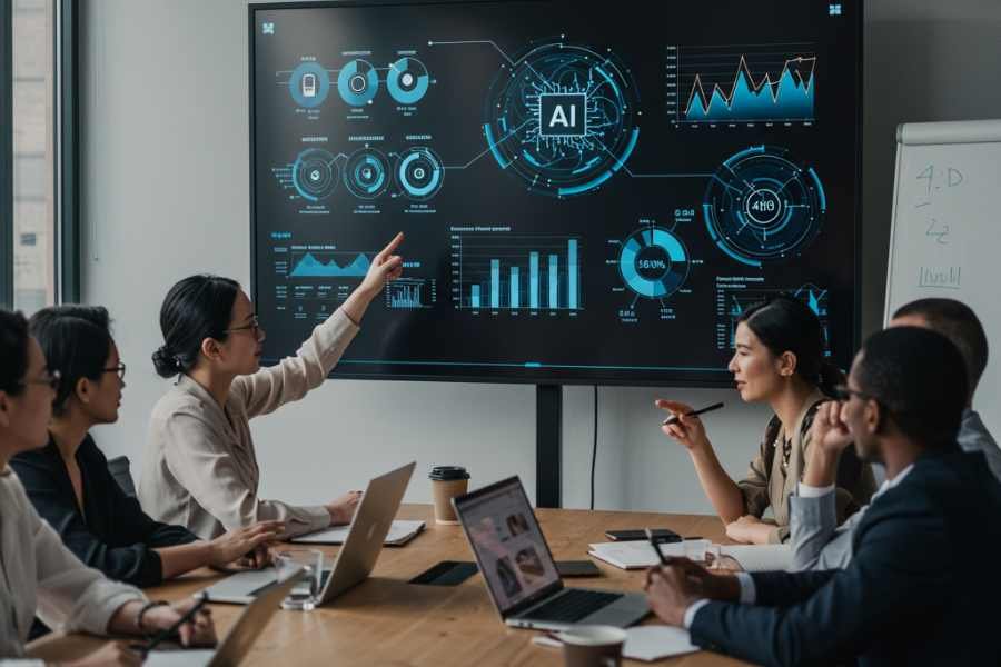 Equipo multidisciplinar revisando resultados de evaluación asistida por IA